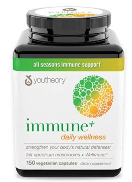 Youtheory Immune+ Daily Wellness- Organic Mushrooms- Beta Glucan- Vitamin C, D3 & Zinc 150 Vegetarian Caps